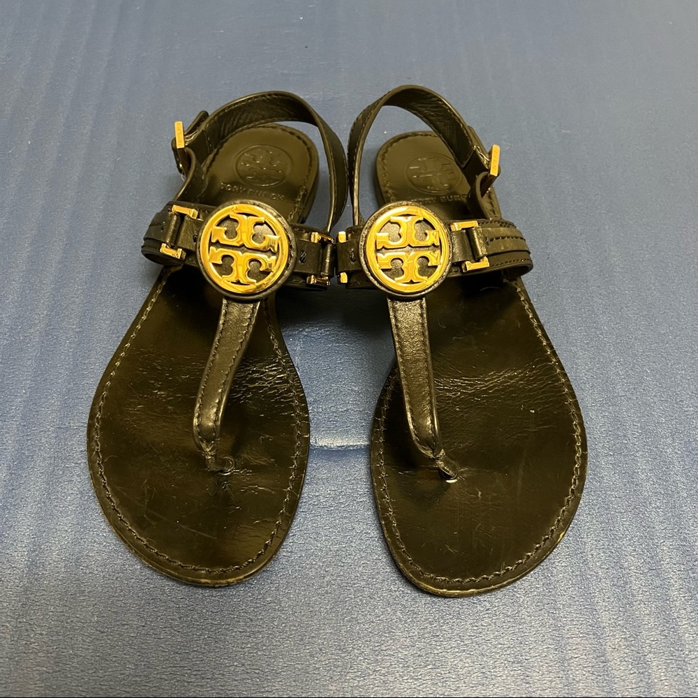Tory Burch Bryce Logo Sandals Black Leather Thong Sandals Women Size 7.5